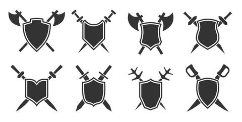 Crossed shield sword poleaxe medieval weapon set Stock Illustration