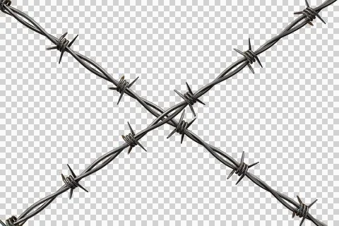 Crossed strands of sharp metal barbed wire against dark background Stock Illustration