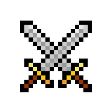 Crossed swords pixel icon. Vector pixelated illustration of crossed sabers .. Stock Illustration