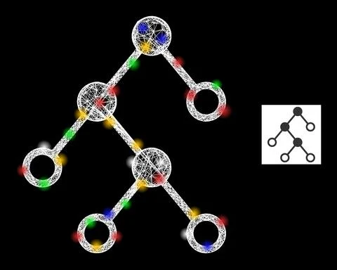 Crossed Web Mesh Binary Chart Nodes Icon with Colored Glitter Dots Illustrazione stock