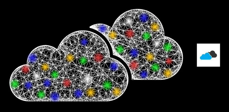 Crossed Web Mesh Clouds Icon with Multicolored Flash Nodes Illustrazione stock