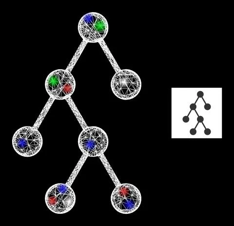 Crossed Web Mesh Hierarchy Structure Icon with Bright Colored Flash Nodes Illustrazione stock
