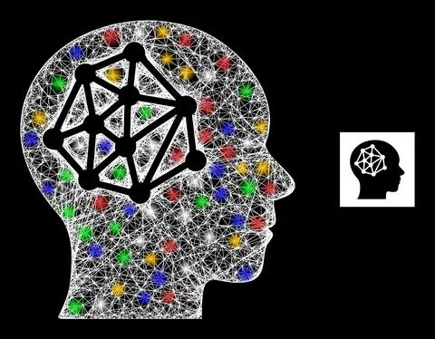 Crossed Web Mesh Human Barin Network Icon with Multicolored Flash Nodes Illustrazione stock