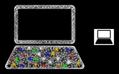 Crossed Web Mesh Notebook Computer Icon with Colorful Flash Nodes Illustrazione stock