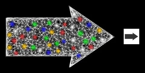 Crossed Web Mesh Right Direction Icon with Multi Colored Flash Nodes Illustrazione stock