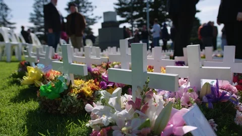 Crosses display Anzac Day 25th April 2014 - Portland Victoria. Stock Footage 87638591