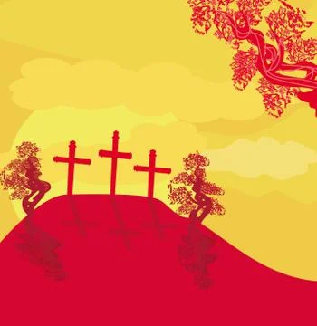 Crosses on a hill at sunset background concept landscape Stock Illustration