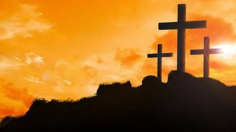Crosses on the hill with sunset Stock Illustration