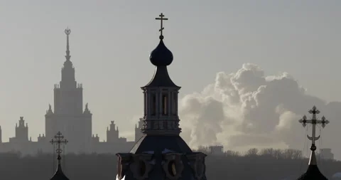 Crosses of several churches and the building of the Moscow State University Stock Footage 230638705
