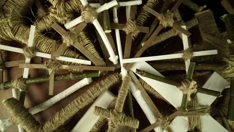 Crosses on wood table rotating in slow motion. Handmade Halloween props for v Stock Footage 140614888