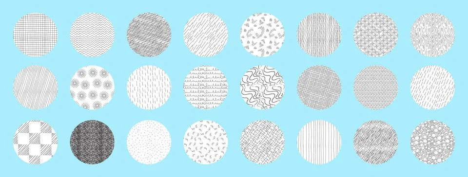 Crosshatch pattern circles set. Different textures made in hand drawn pencil Stock Illustration