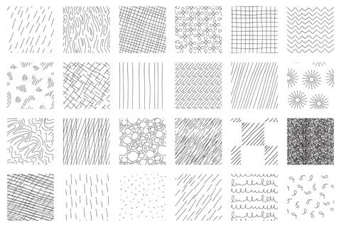 Crosshatch pattern set. Different seamless textures made in hand drawn pencil Illustrazione stock