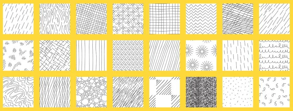 Crosshatch pattern set. Different seamless textures made in hand drawn pencil Illustrazione stock