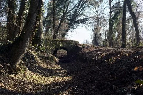 Crossing between trail in a park over an old brick footbridge next to a tin.. Stock Photos