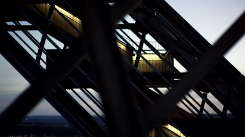 Crossing Diagonal Struts of Steel Truss in Close Up, Dusk Sky, Static Shot Stock Footage 341301963