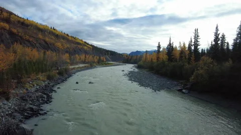 Crossing Matanuska River with Fall colors Stock Footage 268737751
