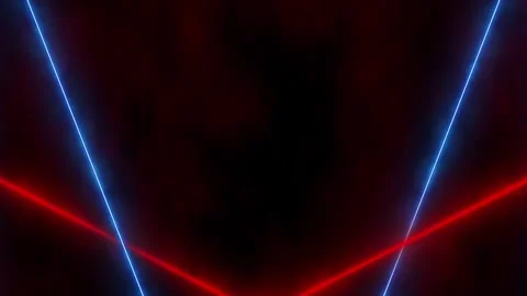 Crossing neon laser motion visual red and blue glowing beams, black negative spa Video stock 340525298