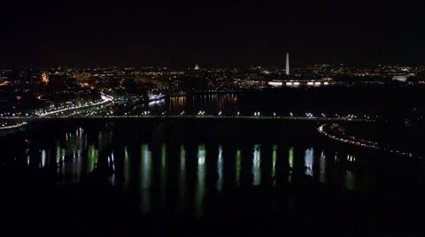 Crossing over Key Bridge at night, heading toward Kennedy Center with Washington Stock Footage 59194325