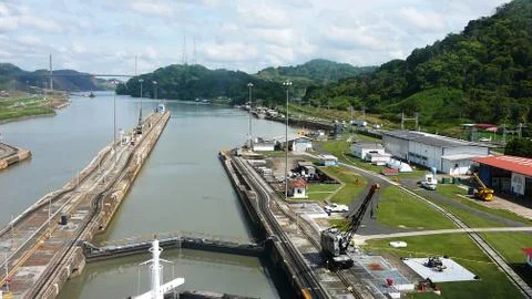 Crossing the panama canal onboard a cruise ship with view from the front Stock Photos