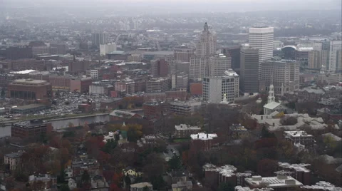 Crossing river and orbiting downtown Providence, Rhode Island, Shot in November Stock Footage 59163612