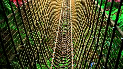 Crossing a substantial rope bridge with steep sides. Vídeos de archivo 288097250