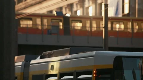 Crossing train and bus Stock Footage 55094724