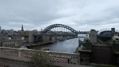 Crossing the Tyne river by train in Newcastle Stock-Footage 270082951