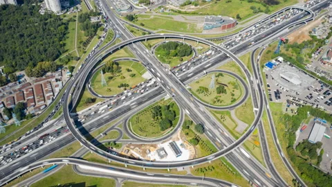 Crossing ways of big city in hyperlapse. Aerial top view from above. Stock Footage 139659986