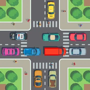 Crossroad top view. Road intersection with crosswalk, cars and people on Stock Illustration