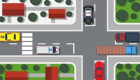 Crossroad top view vector illustration building map. City car game landscape  Ilustración de archivo