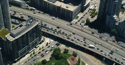 Crossroads interchange with traffic jam in Toronto, Top view Stock Footage 277891169