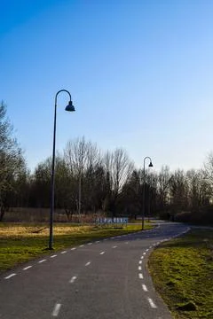 Crossroads of Paved Paths with a Streetlight Stock Photos