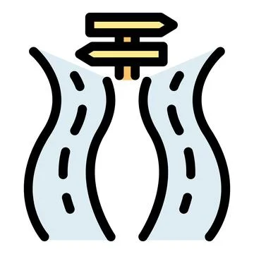 Crossroads splitting into two winding roads with signpost Stock Illustration