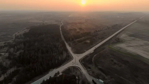 Crossroads of two roads at sunset time, aerial view.4k. Stock Footage 126372539