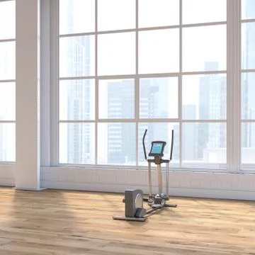 Crosstrainer in a loft with view to skyline, D Rendering Stock Illustration