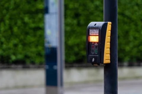 Crosswalk button for pedestrian with light warning on a defocused background  Foto stock