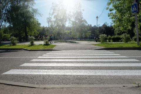 A crosswalk for pedestrians crossing the street. Empty crosswalk to the park Stock Photos
