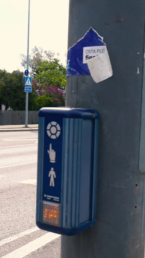 Crosswalk Push Button on a Street Pole for Pedestrian Crossing Stock Footage 336538694