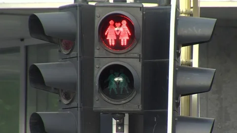 Crosswalk traffic lights female (lesbian) couple Stock Footage 82010053