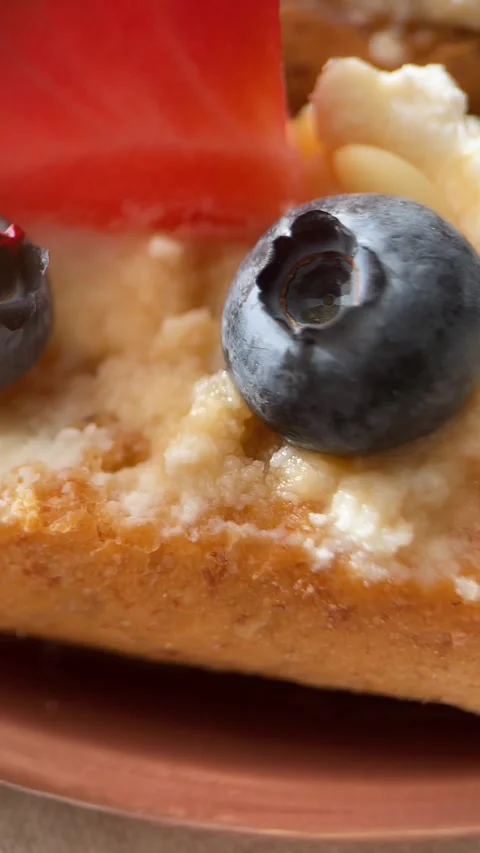 Crostini with ricotta, berries, pine nuts. Slices of toasted bread with cheese Stock Footage 309638493