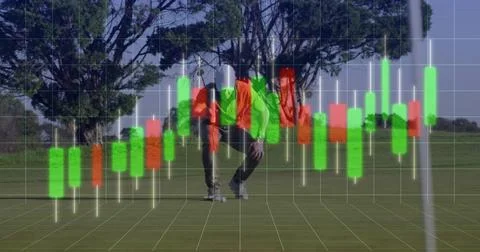 Crouching golfer wearing orange jacket by ball on putting green, with 3D grid Stock Photos