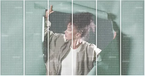 Crouching woman touching binary code curtain, tearing panels open for technology Video stock 319782038