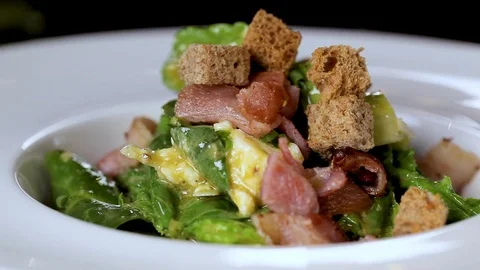 Crouton Salad with Bacon bits Stock Footage 90939371
