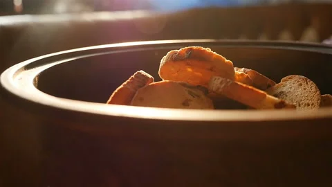 Croutons in a bowl on the table. Close-up Stock Footage 144390889