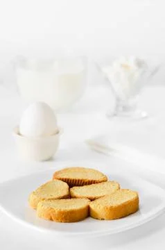 Croutons of white bread for Breakfast. High key, selective focus 스톡 사진