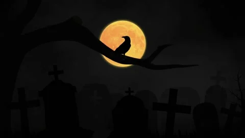 Crow And Full Moon. Animated Horror Scen 