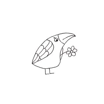 Crow bird with large beak and flower linear black and white drawing Ilustración de archivo