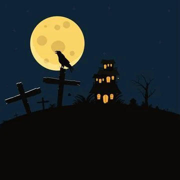 Crow bird in tomb at the night vector illustration. Halloween background co.. Stock Illustration