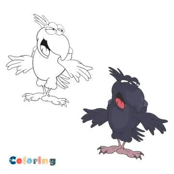 Crow. Cartoon coloring with color example. Vector illustration. Stock Illustration