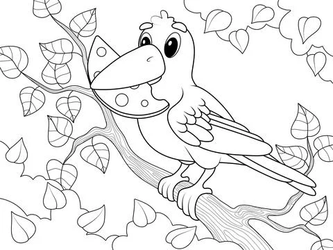 Crow holds cheese in its beak. Background trees and foliage. Children coloring Stock Illustration